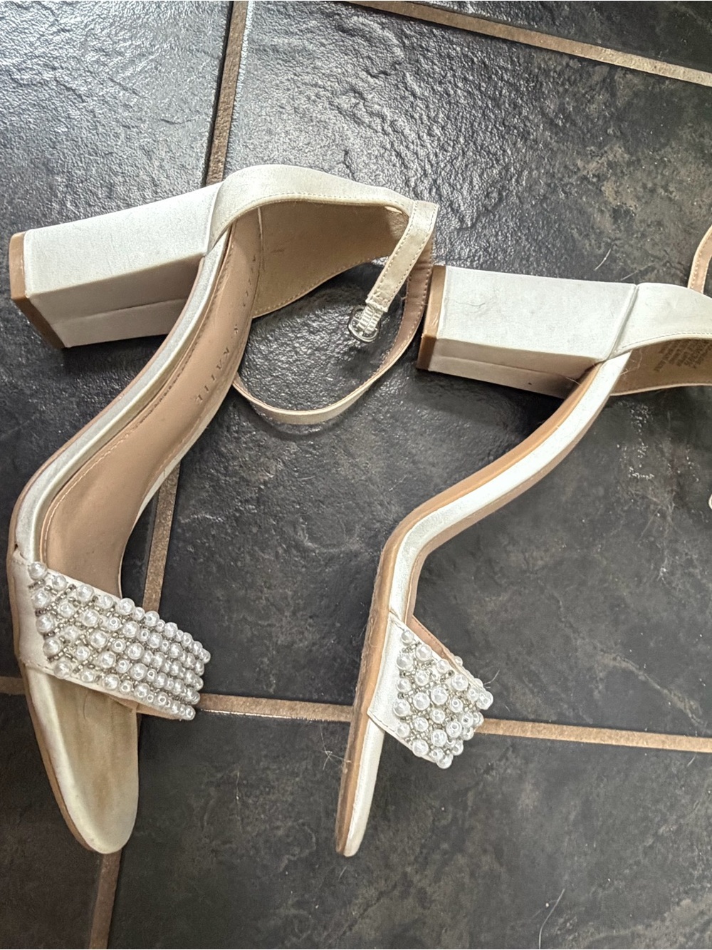 Kelly & Katie Pearl-Accented Ivory Block Heel Sandals